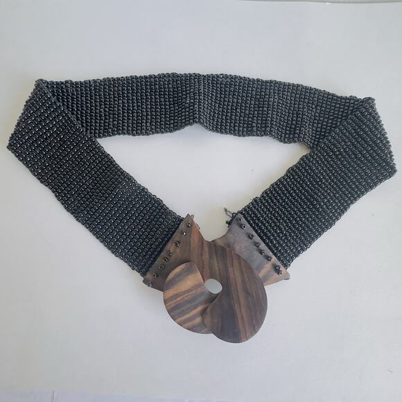 Women’s Vintage Indonesian Belt Black Seed Beads Starburst Pattern Wooden Buckle - Picture 1 of 8